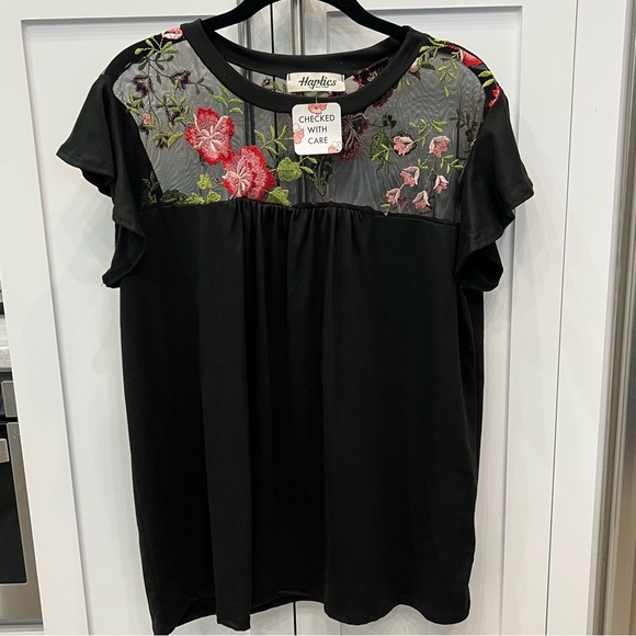 Haptics Tops - Haptics Black Sheer Block Embroidered Floral Flowy Short Sleeve Top